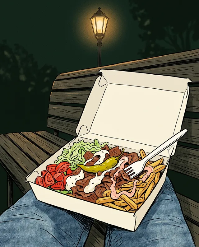 Illustration: kebabtallrik i en take away-låda på en parkbänk
