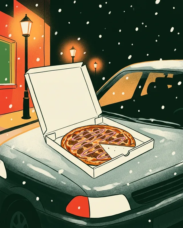 Illustration: kebabpizza i kartong på en motorhuv en snöig natt