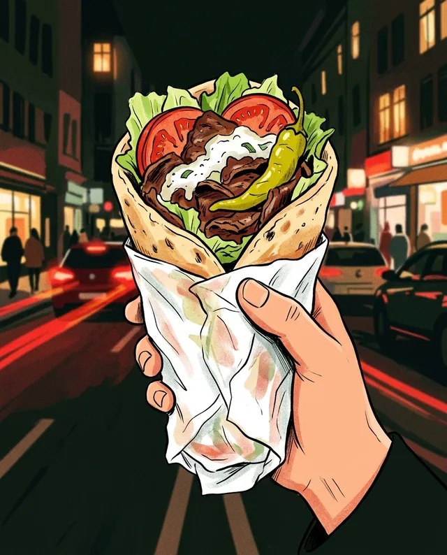 Illustration: kebabrulle i handen på en gata en sen kväll