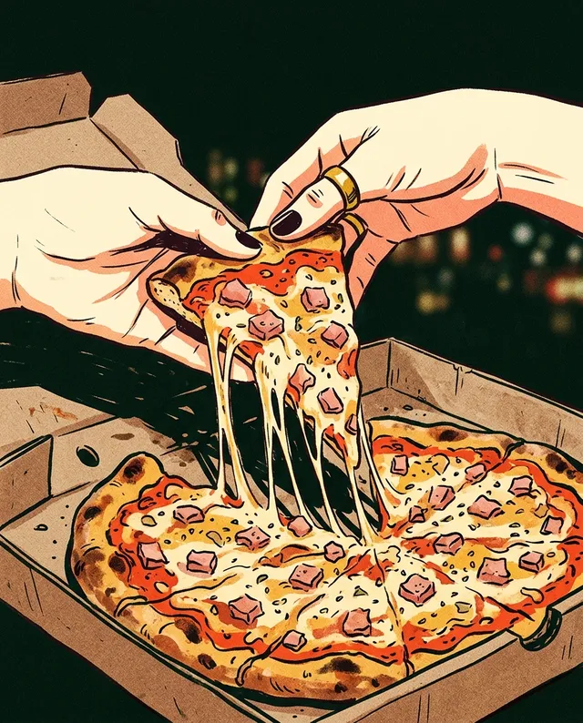 Illustration: en pizzabit dras loss med långa osttrådar