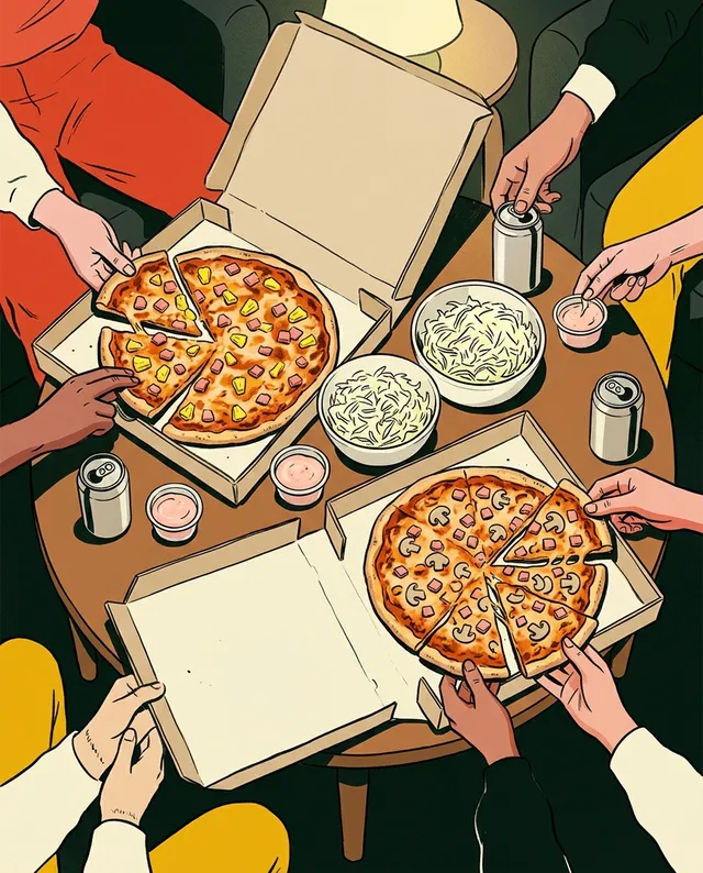 Illustration: pizzakartonger och pizzasallad på ett soffbord