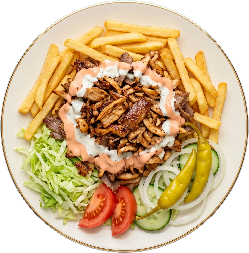 Kebabtallrik med pommes och sallad